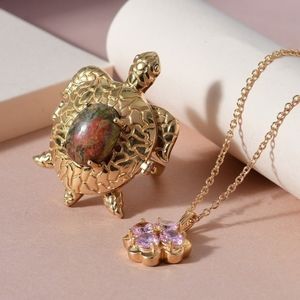 NEW Karis Collection Unakite, Pink Diamond Turtle Ring & Pendant Necklace 18K YG